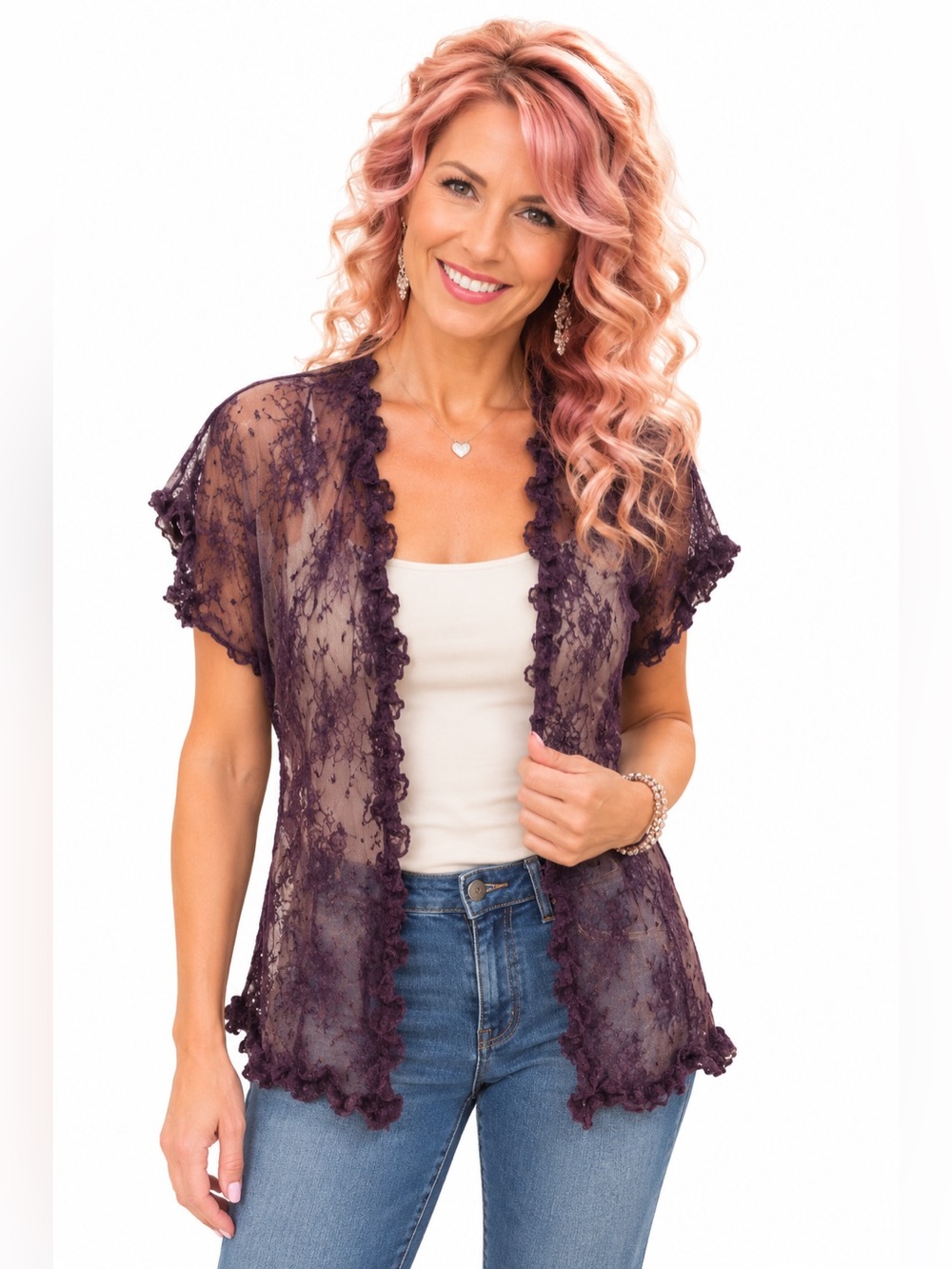 La Vie en Rose Purple Lace Kimono Cardigan Sheer Romantic Duster Medium